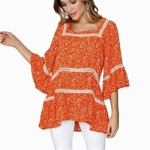 Free People Talk About It Orange Coral Floral Tunic Top Blouse Small S Boho